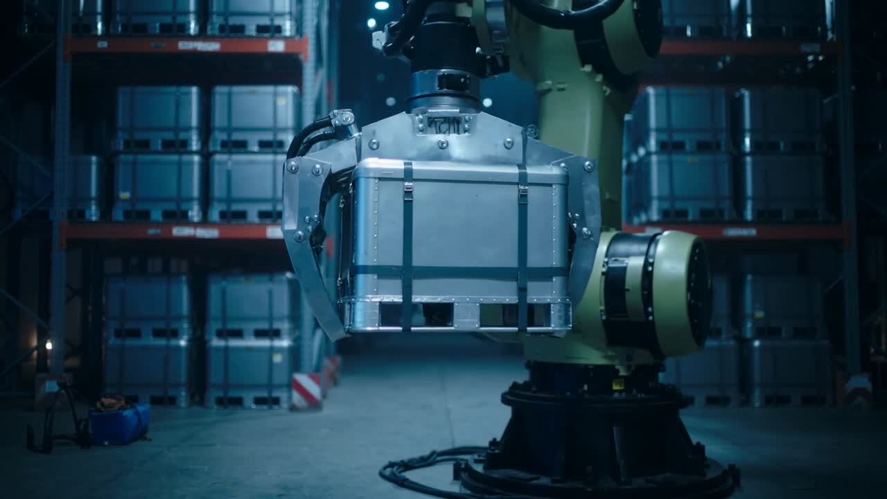 Ramię robota odbierające sygnał PLC, obracające się i sięgające w alejce, chwytak podnoszący metalową skrzynię do odbioru.