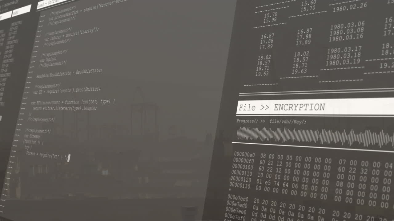Screen content being visualized in flat design, showing code editor and encryption dashboard