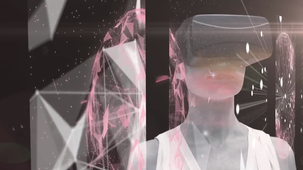 Kvinde iført VR-headset over et univers med flere stjerner.