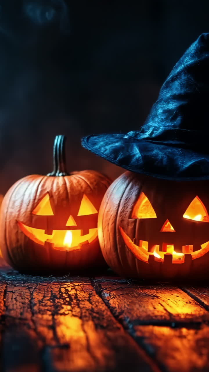 Three pumpkins with a witch's hat on top of them. The pumpkins are lit up and the background is dark and smoky