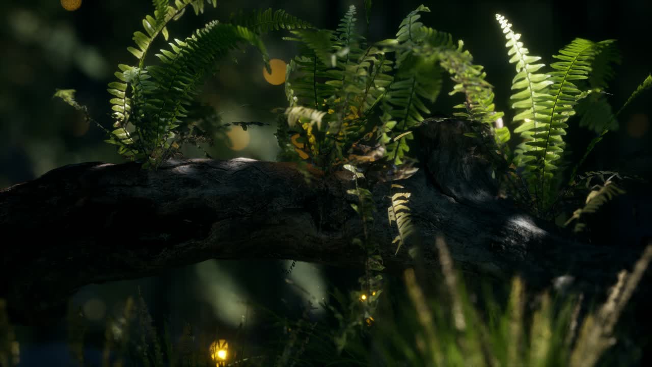 tronco del árbol doblado horizontalmente con helechos creciendo, y la luz del sol brillando