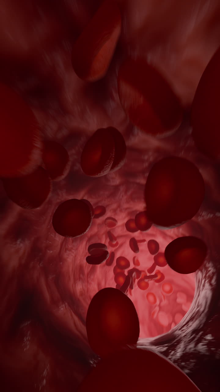 Blood Cells Vertical Flowing Inside Artery Tunnel Medical Circulation Animation. 3D rendering