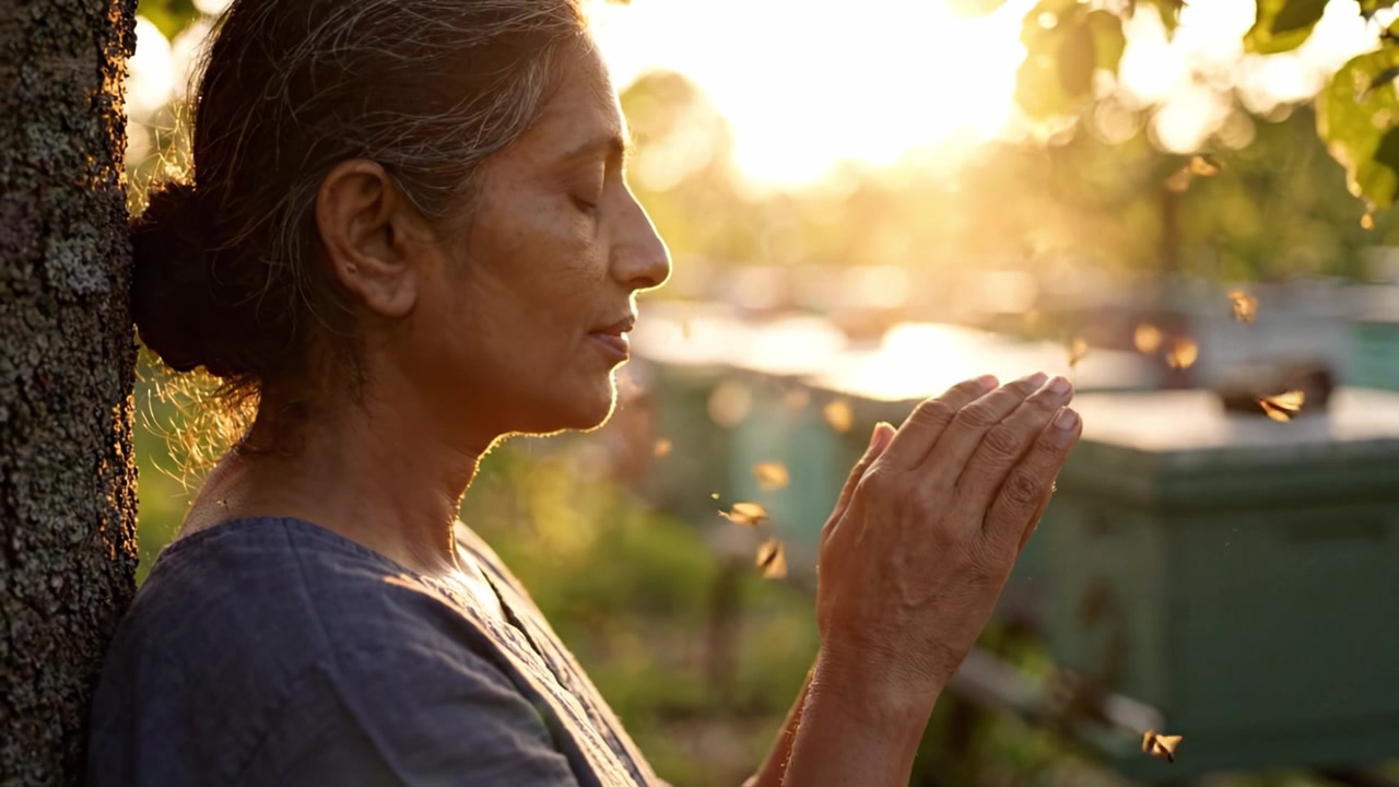A Serene Moment of Connection with Nature: A Woman Reflects Under the Golden Sunset Among Beehives, Embracing the Beauty of an Evening Melody