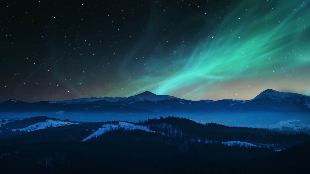 Aurora boreale o luci del Nord, paesaggio montano notturno