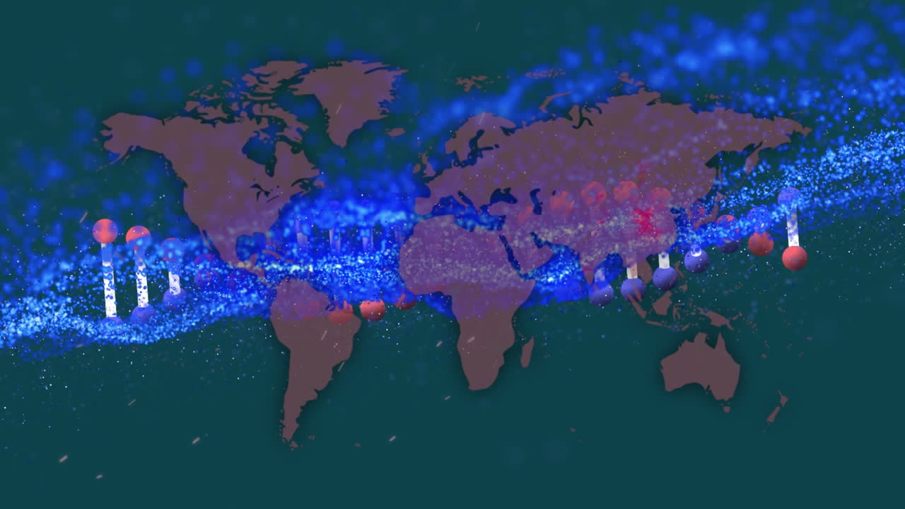 dna 구조가 회전하고 초록색 배경을 가진 세계 지도 위의 보라색 디지털 파동