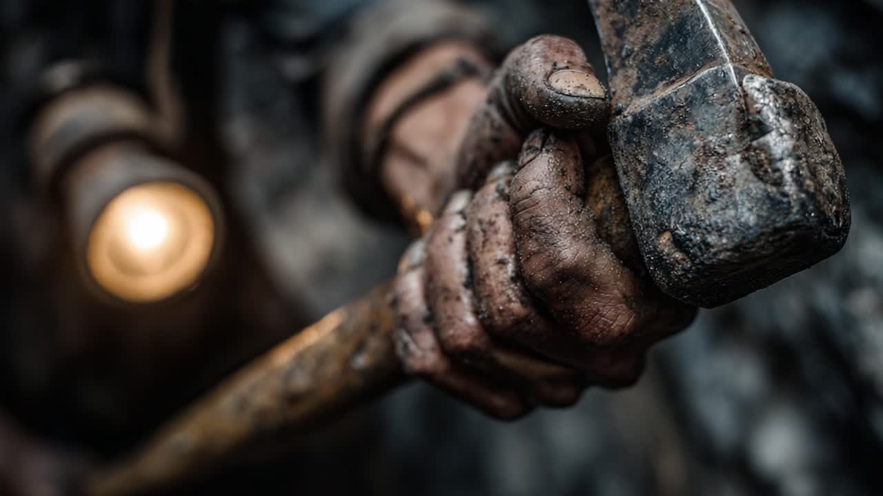A Close-Up of a Miner’s Hand Gripping a Hammer, Showcasing the Strength and Determination Required in Underground Workplaces, with a Soft Light Highlighting the Scene