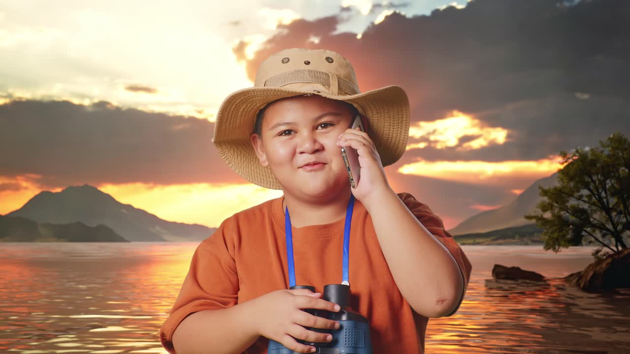 Asian Boy With A Hat And Binoculars Talking On Smartphone At A Lake. Boy Researcher Examines Something, Travel Tourism Adventure Concept, Close Up