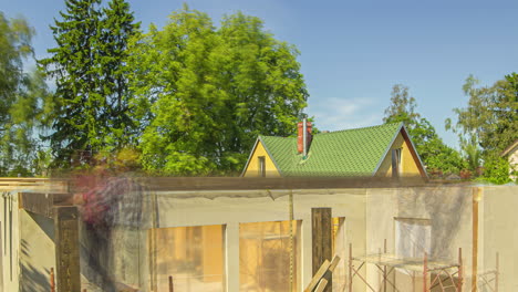 Timelapse-shot-of-a-group-of-workers-building-wooden-frame-of-a-new-wooden-house-on-a-cloudy-day