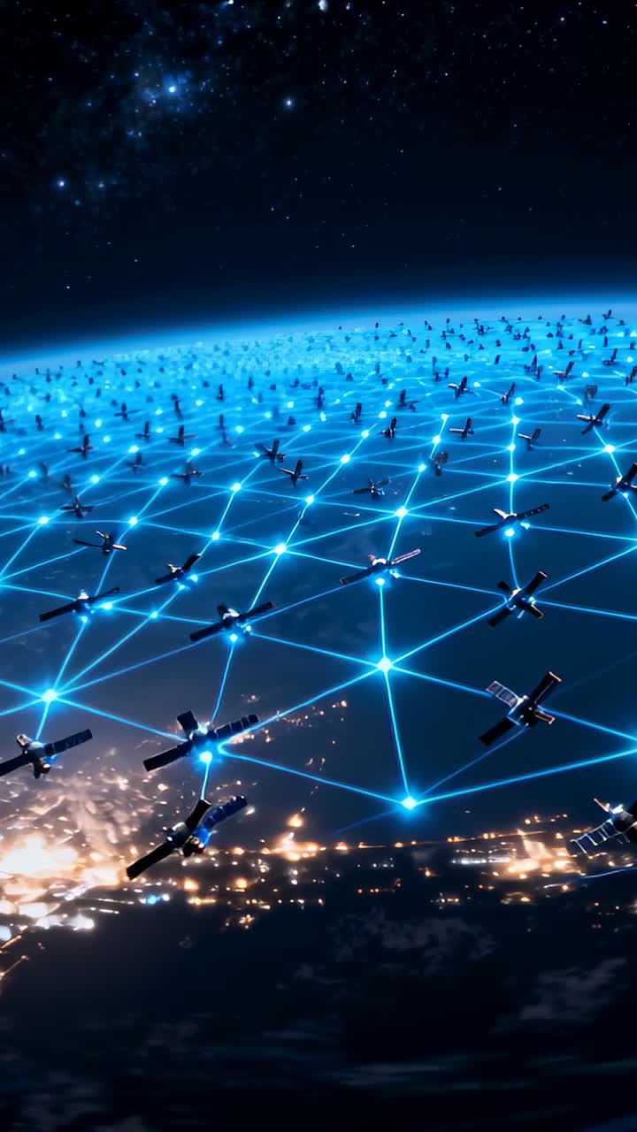 Vertical video: Tilting camera showing orbital mesh and satellites mapping night Earth connectivity