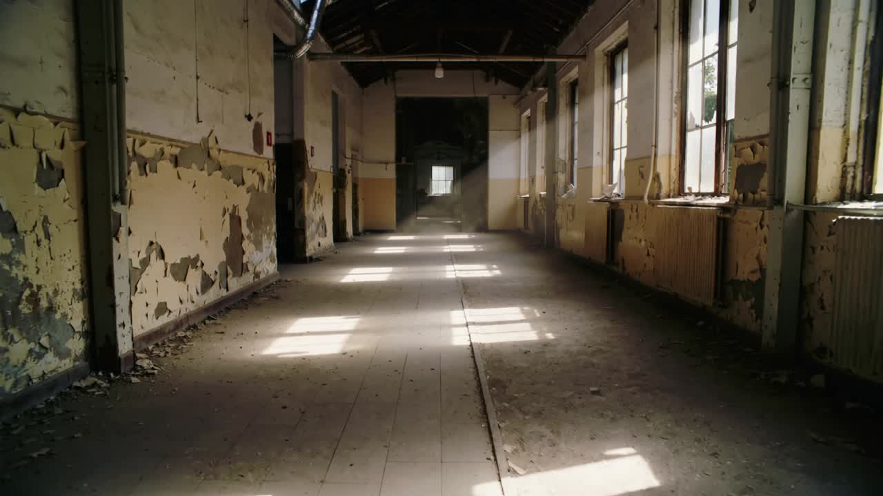 Moving sunlight passing through windows in corridor, lighting wood floor and peeling wall