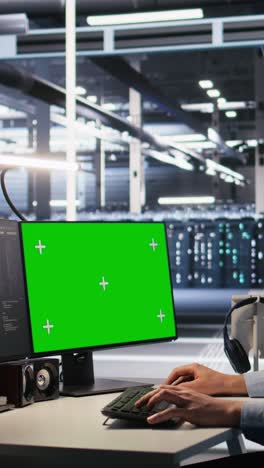 vertical video engineer using green screen mockup pc in data center to update servers