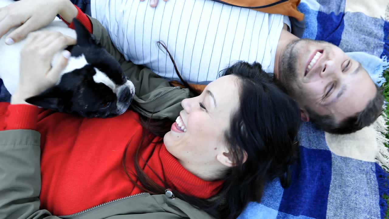 애정 있는 커플 이 애완견 4k 와 함께 놀고 있다