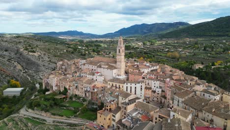 Bocairent-Village-And-Church-On-Hilltop-En-Valencia-Región,-Costa-Blanca,-Spain---Aerial-4k