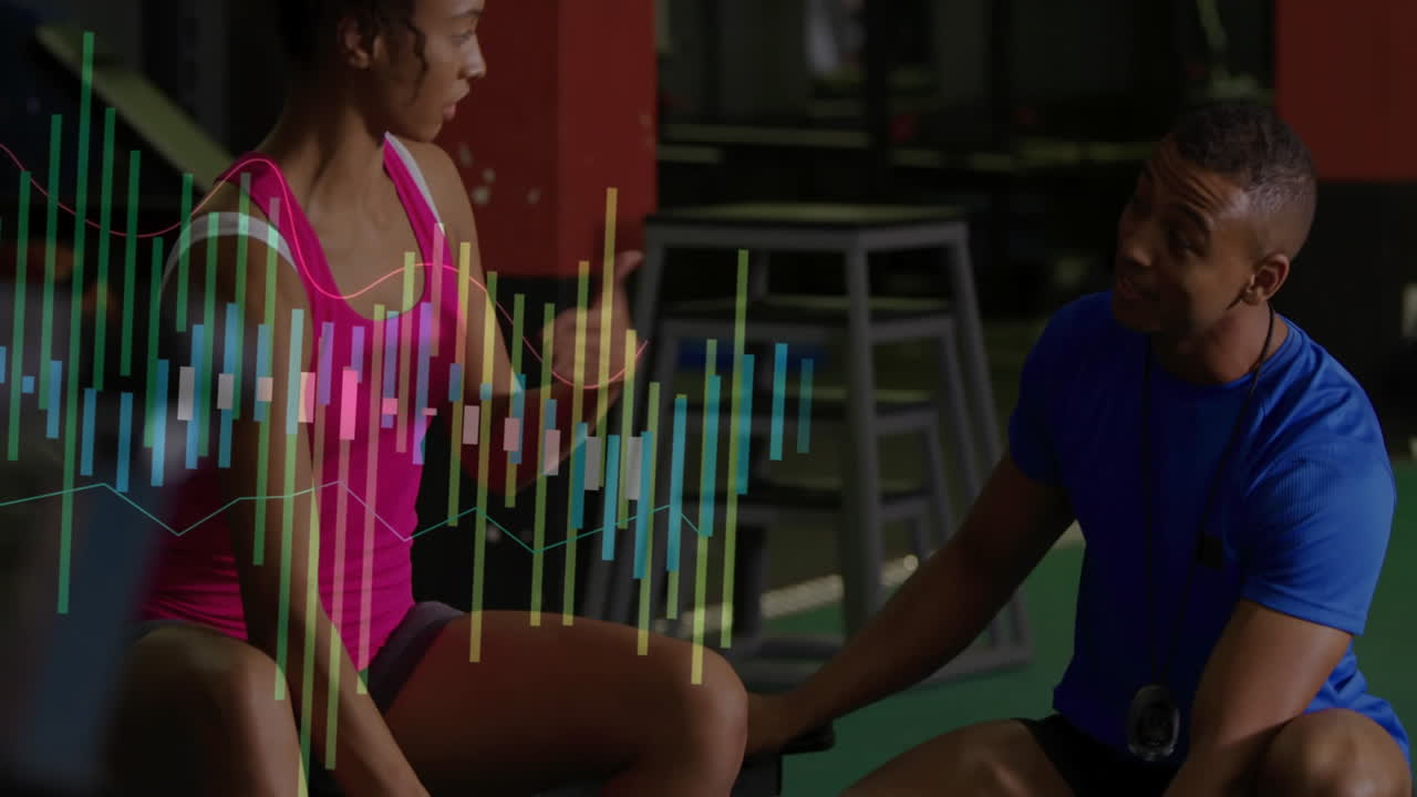 Trainer guiding woman through fitness training on bench in gym, showing animated metrics overlay