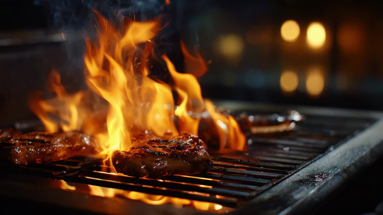 An Exciting Grilling Experience Featuring Juicy Steaks Sizzling Over an Intense Fire, Capturing the Perfect Moment of Cooking with Flames and Smoke Rising as the Meat Gets Deliciously Charred
