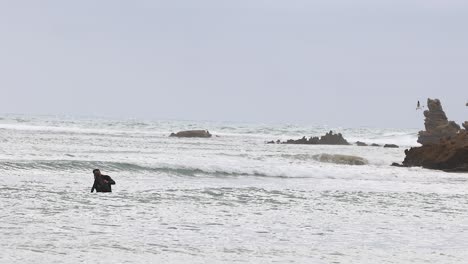 a lone surfer paddles through gentle waves near rocky formations under overcast skies at great ocean road, australia