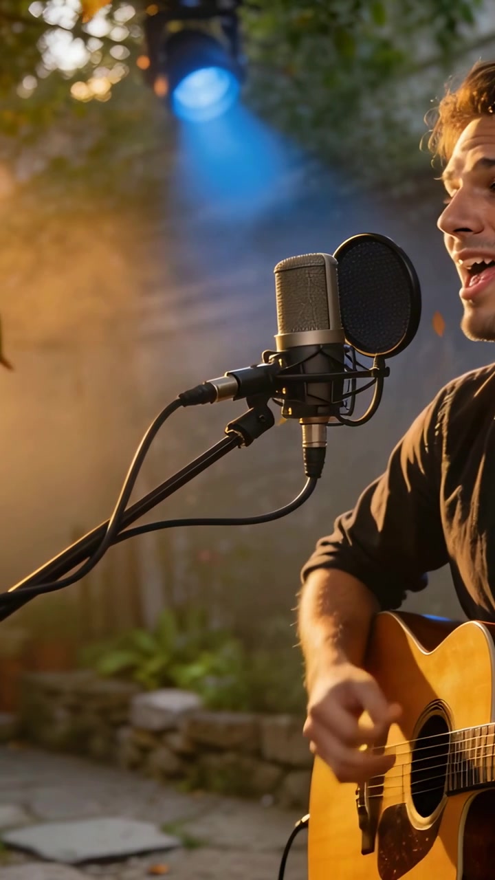 Video verticale: Alla prima pennata, cantante che si esibisce al microfono e suona la chitarra in giardino