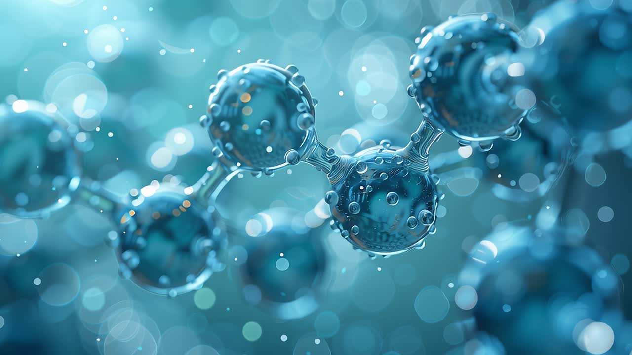 Transparent molecules rotating in liquid on blurred background