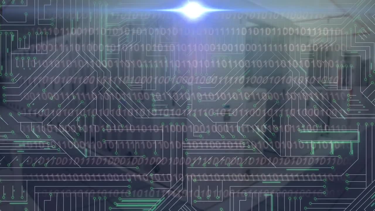 Animation of data processing over glowing computer circuit board