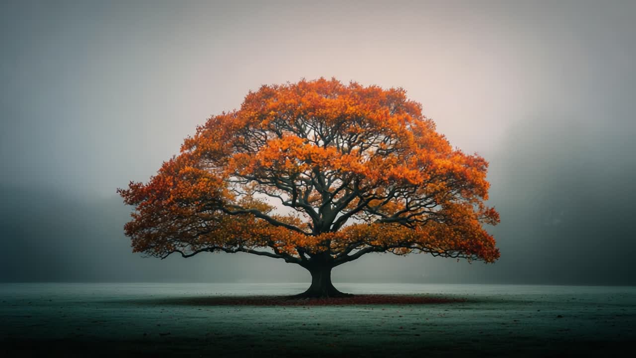 A Majestic Autumn Tree: Capturing the Splendor of a Vibrant Oak Displays Rich Orange Foliage Amidst a Serene Foggy Landscape in Late Fall