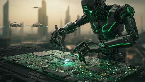 futuristic robotic engineer performing precision circuitry work on a high-tech motherboard in a dystopian cityscape with advanced technology surroundings