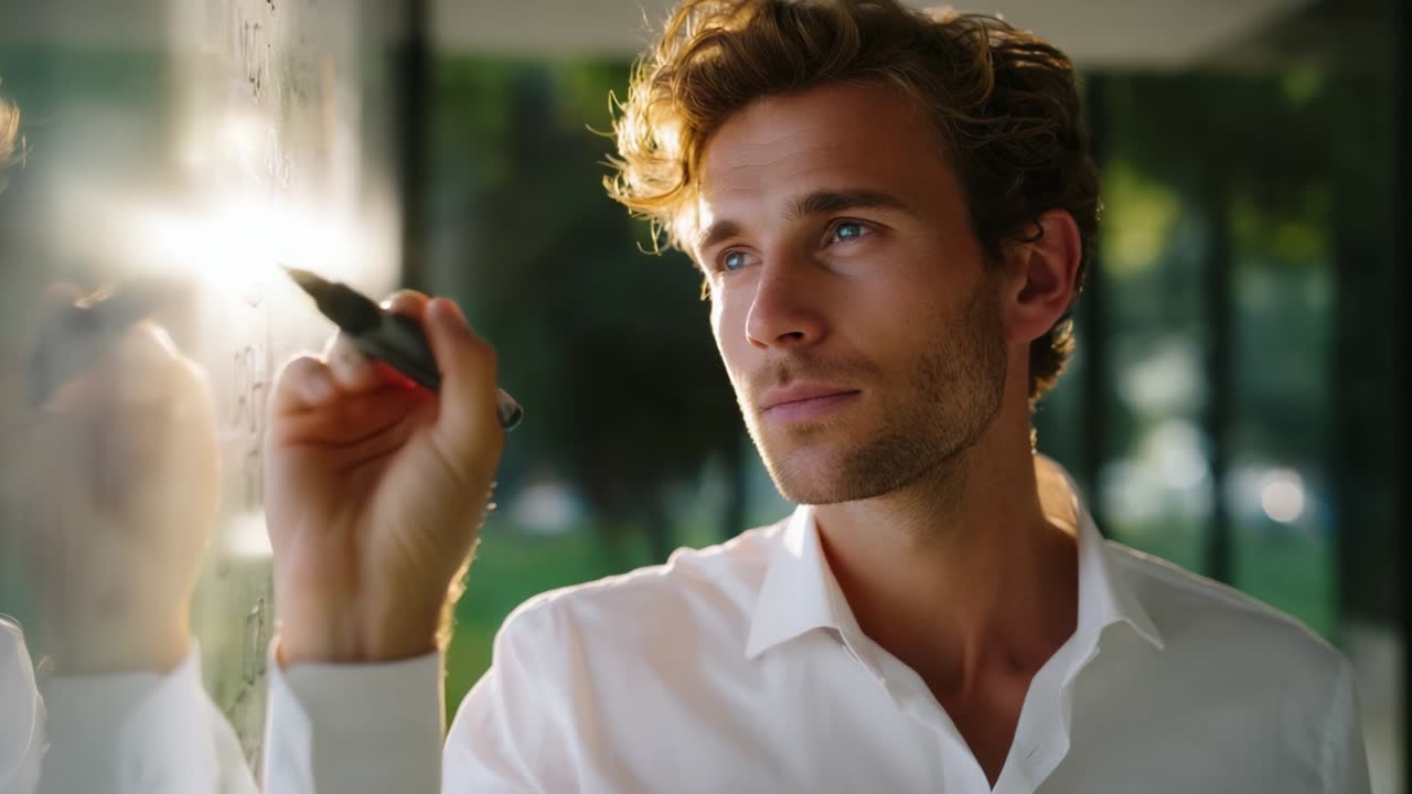 A contemplative young man in a white shirt focusing intently while writing on a glass board, using a marker to express ideas, with soft natural light enhancing a reflective atmosphere
