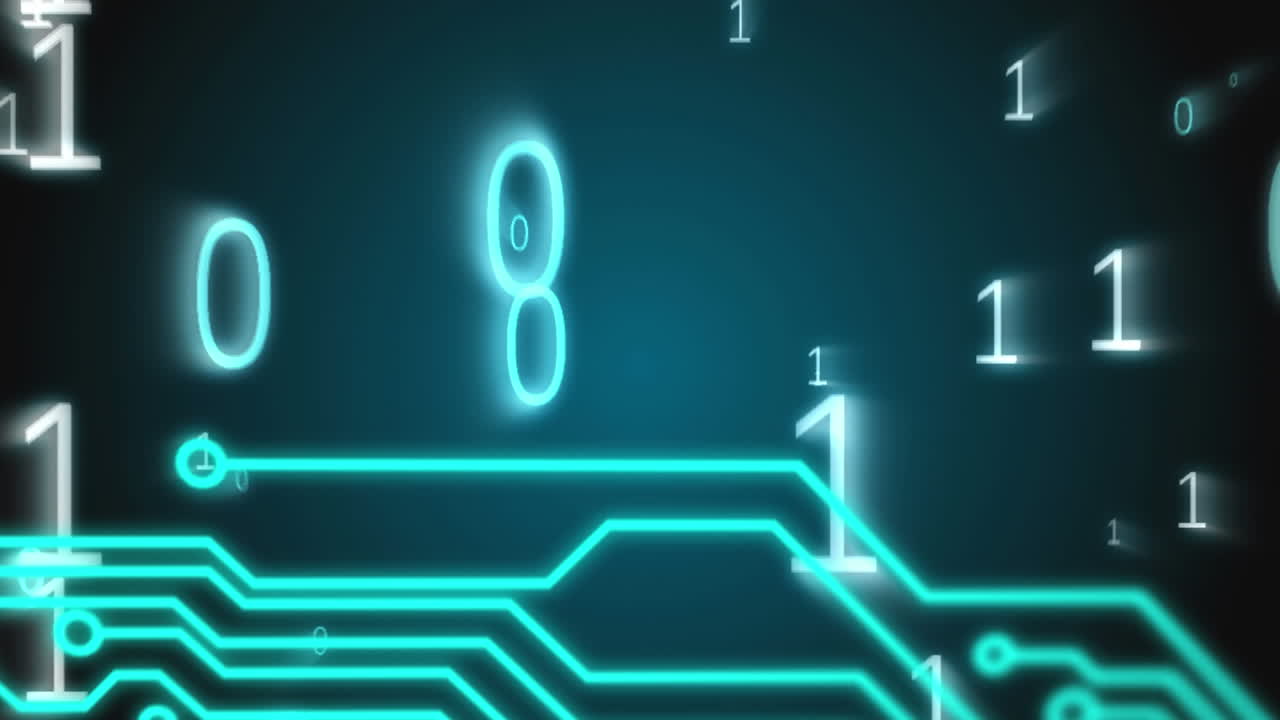 Animation of binary coding, data processing over processor circuit board