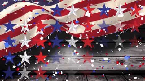 Animation-of-red-and-blue-confetti-falling-and-american-flag-on-wooden-background