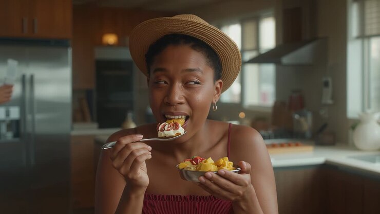 Lifting spoon initiating woman in sun hat sampling yogurt bowl at kitchen island, processing flavor