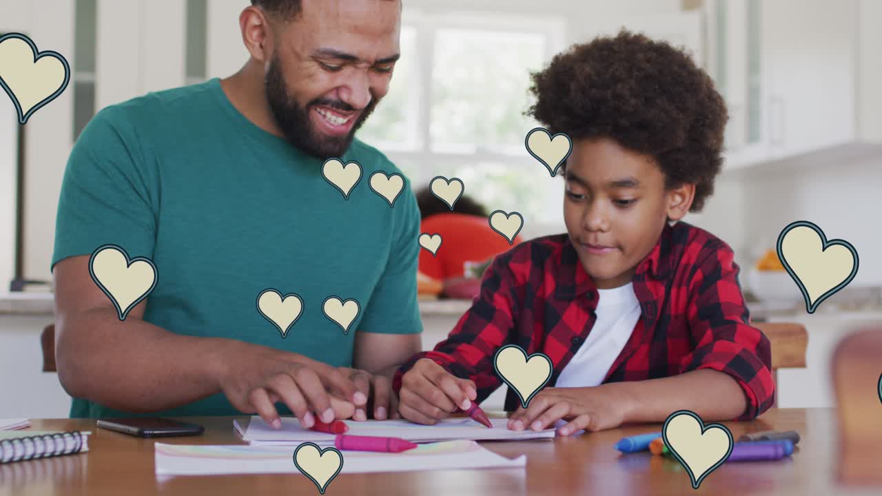 Animazione di icone a cuore dei social media su uomo birazziale sorridente e figlio che fanno i compiti