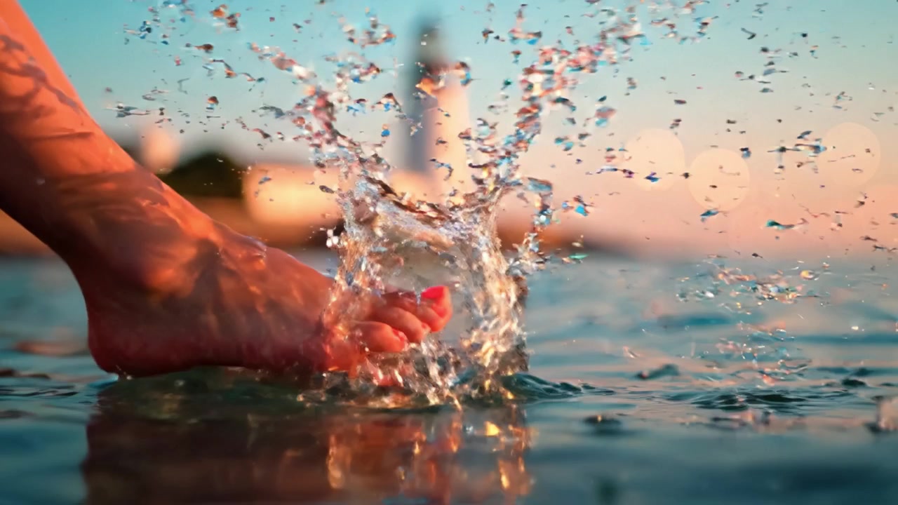 Reflejo Sereno del Atardecer: Pie en el Agua Cerca de un Faro con un Suave Fondo Bokeh Creando una Atmósfera Tranquila para Momentos de Paz Junto a la Orilla