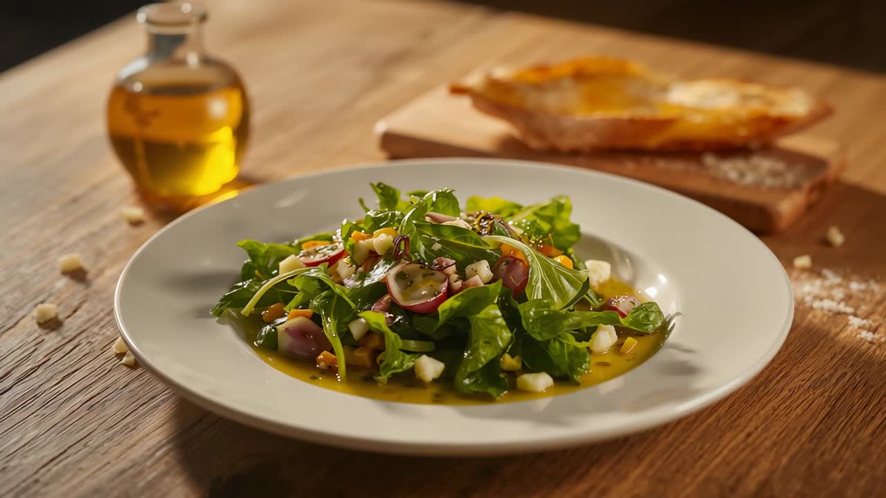 Pulling back camera, rising, revealing plate salad, oil cruet, bread on wood table for rustic style