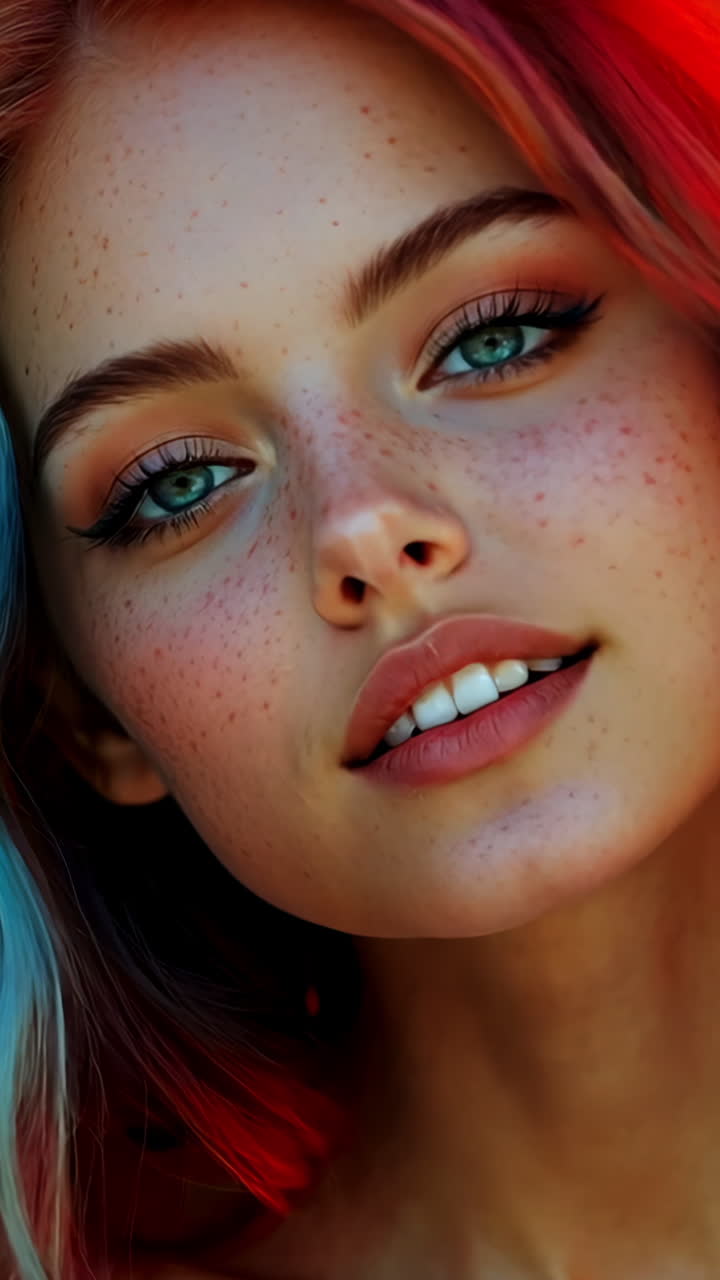 A woman with red, blue and green hair is smiling. The image has a bright and cheerful mood