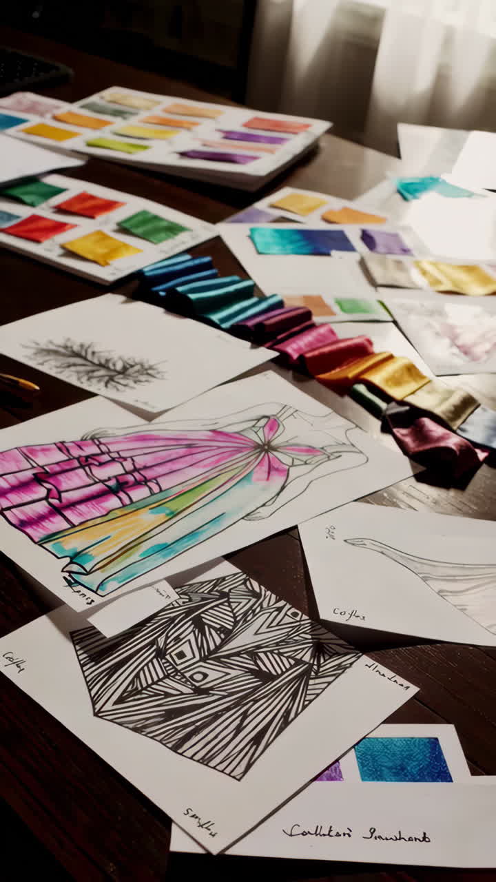 Fashion Design Sketches and Fabric Samples