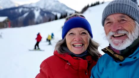 an elderly couple happily skis down a snowy slope, both warmly enjoying the winter vacations.