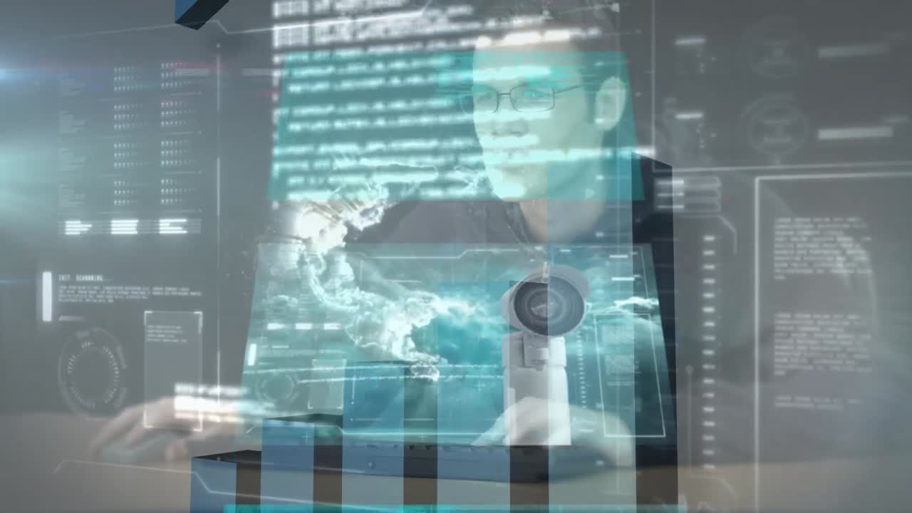 Animation of financial data processing over man using computer