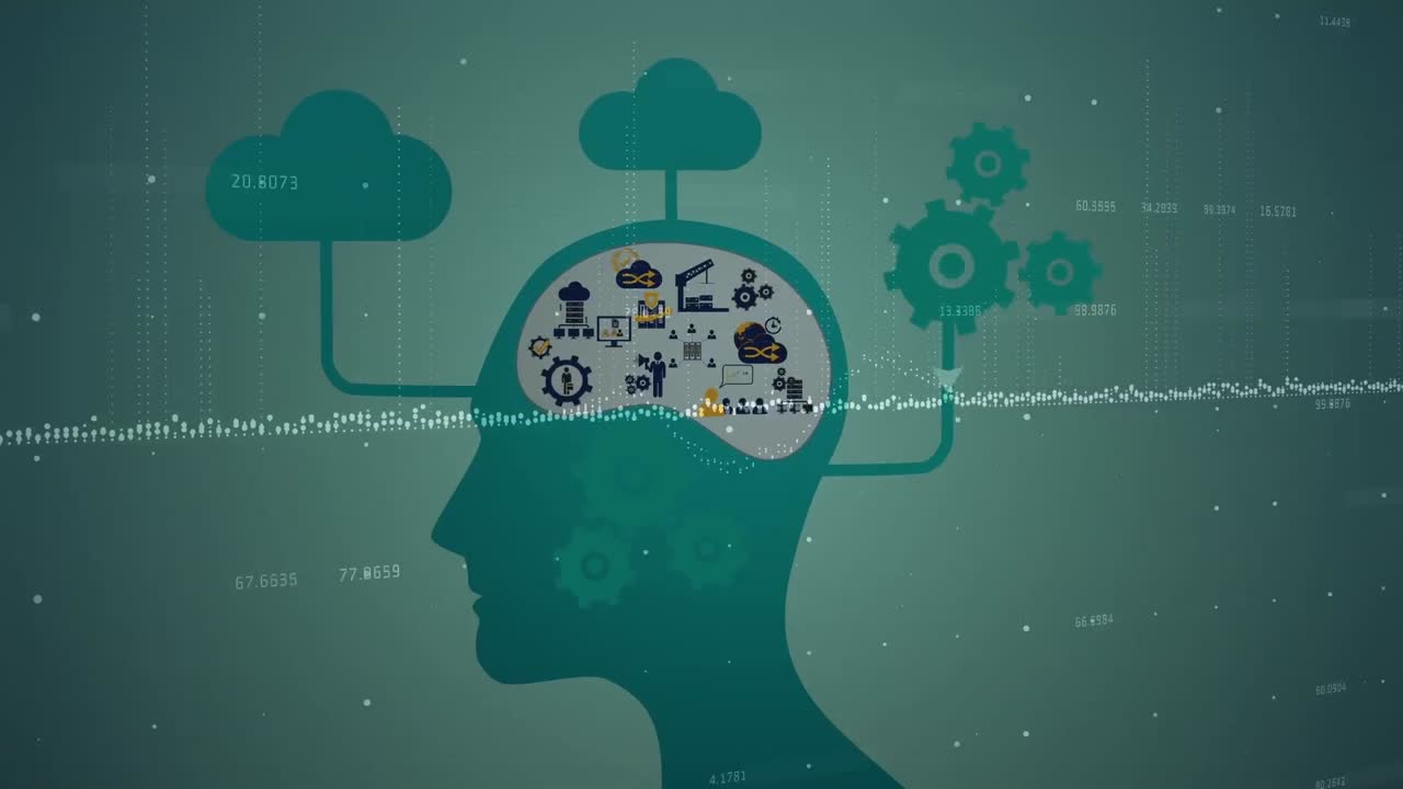animación de la cabeza con iconos de tecnología sobre datos en fondo verde