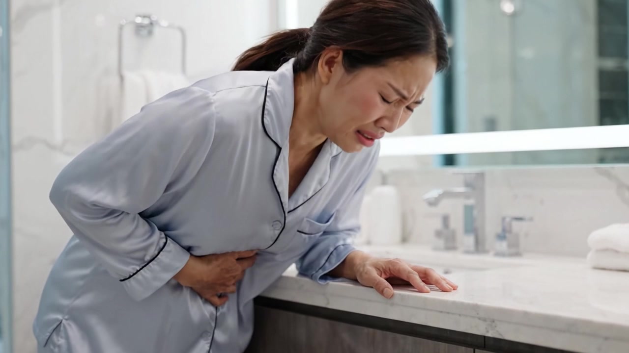 A Woman in Pain: A Glimpse into the Struggles of Health and Wellness in the Comfort of Her Own Bathroom, Captured in Emotional Moments of Discomfort