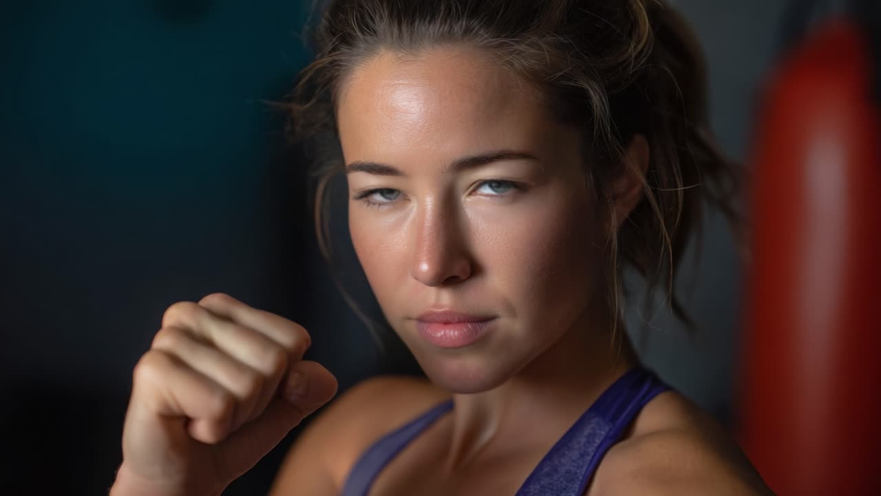 Determined Woman Displaying Strength and Confidence with a Focused Punch in a Gym Setting During a Power Workout Session Captured in a Dynamic Moment