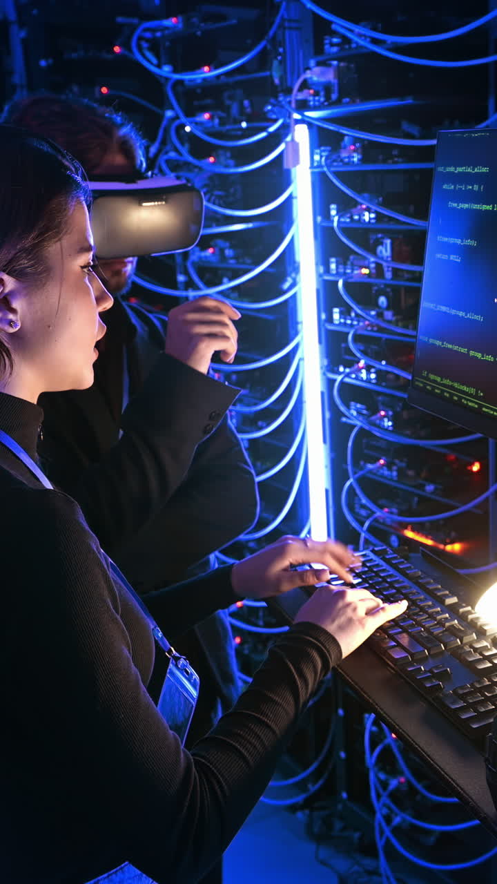 Woman programming in a server room while a man is using a Virtual Reality headset. Vertical