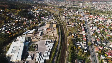 A-drone-footage-of-the-main-intercity-road-and-the-railroad-viaduct-surrounded-by-fields