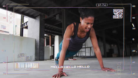 exercising woman doing push-ups, fitness animation with text hello hello hello over