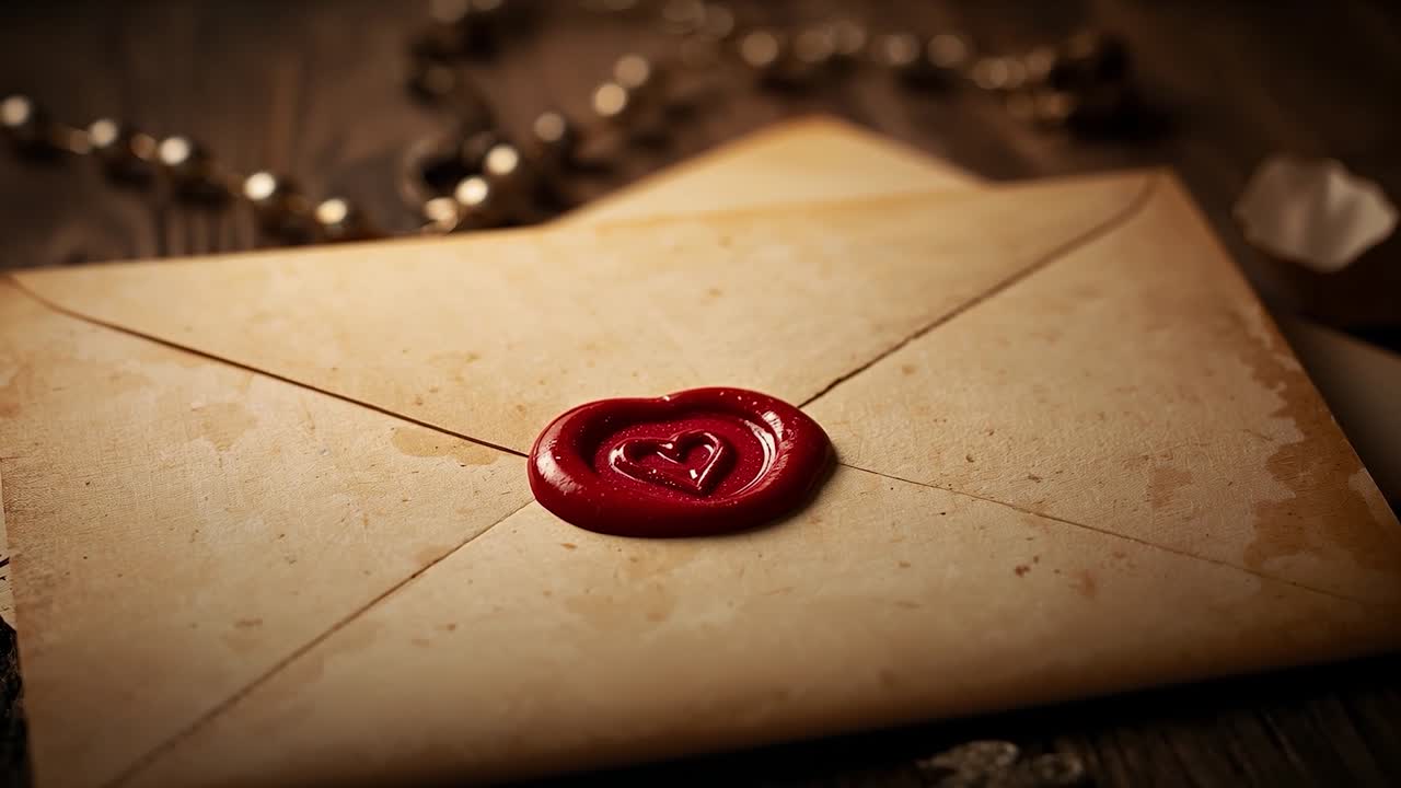 Moving camera tightening, focusing on sealed envelope on desk, showing red wax heart seal and chain