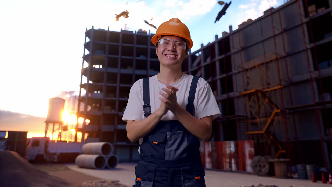 Asian Man Worker Clapping His Hands At Construction Site