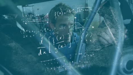 animación de ecuaciones matemáticas con un hombre reparando su motocicleta