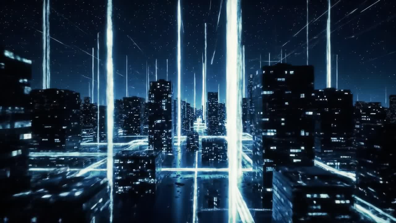 Futuristic Cityscape Illuminated by Neon Lights: A Dystopian Urban Landscape at Night with Towering Skyscrapers and Digital Light Beams