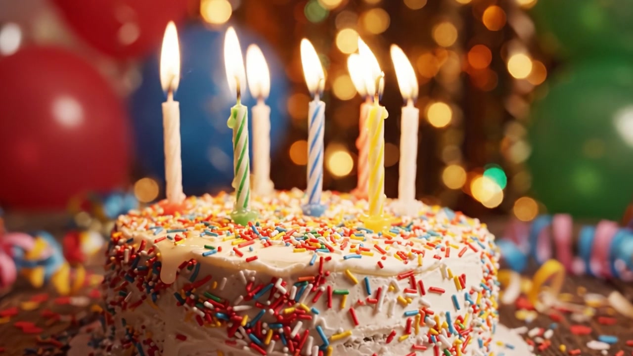 Una festosa celebrazione di compleanno con una torta colorata guarnita con candeline e zuccherini, circondata da decorazioni gioiose e un'atmosfera di festa.