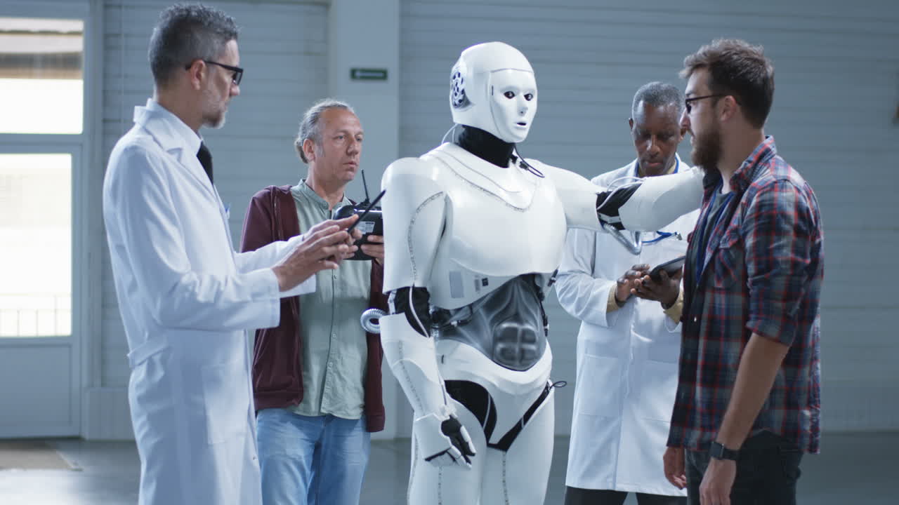 Scientists and Engineers Discussing a Robot