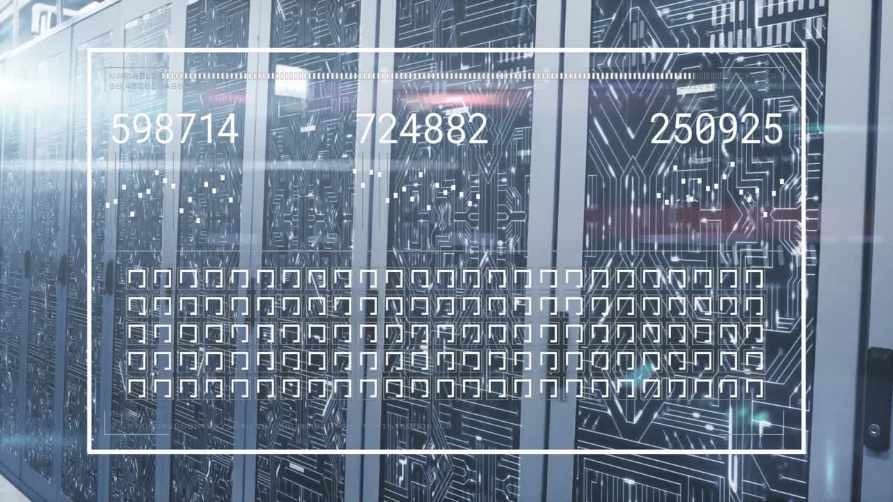 Server racks in data center, probe refreshing counters and filling grid, showing performance