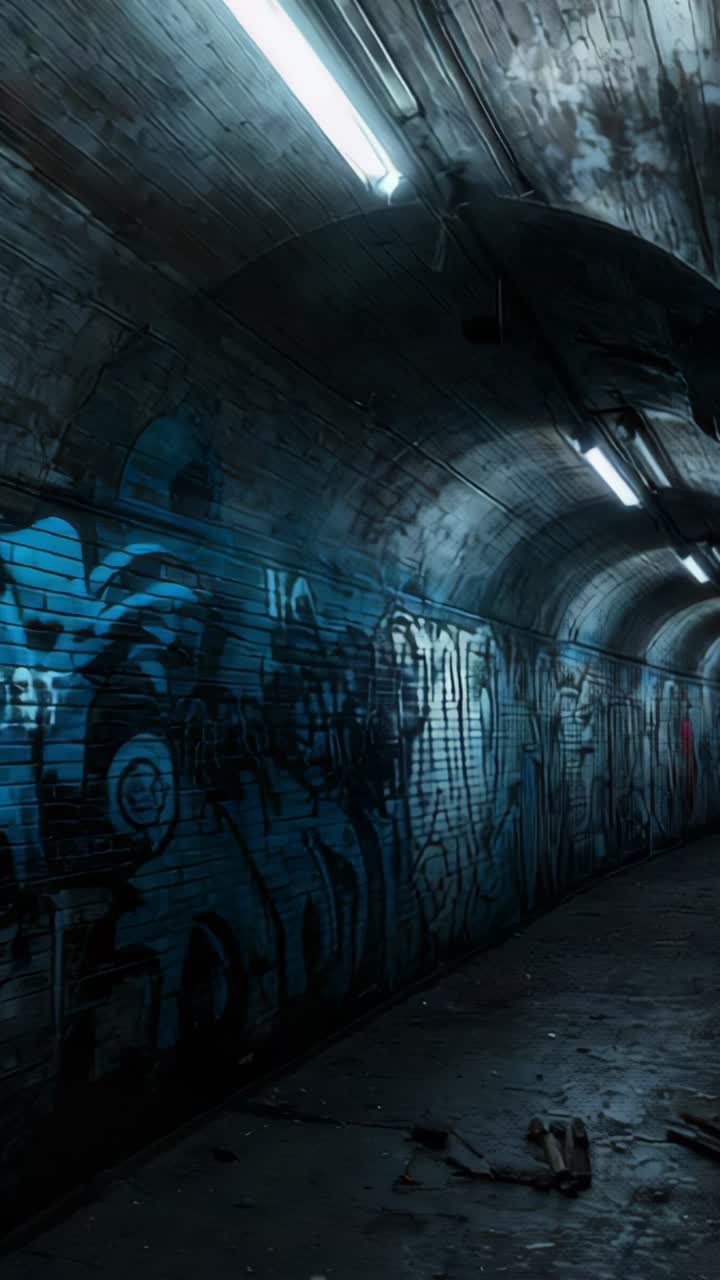Vertical video: Gliding camera moving through graffiti underpass, with flickering lights overhead